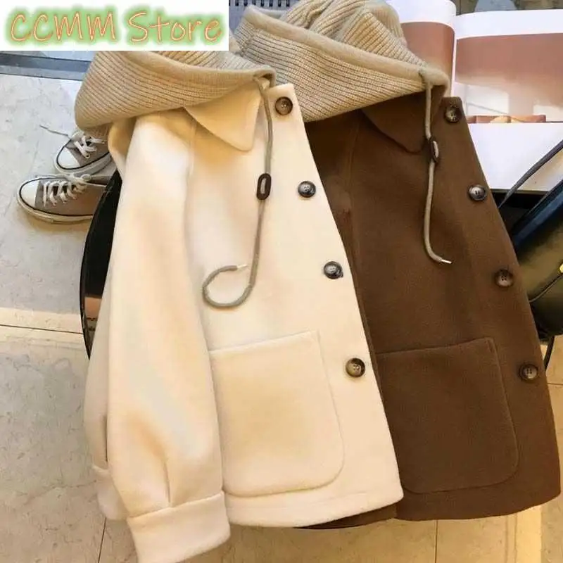 

Women's Hooded Woolen Coat Autumn Winter New Female Plus Size Fat MM Short Jacket Thickened High-grade Woolen Overcoat