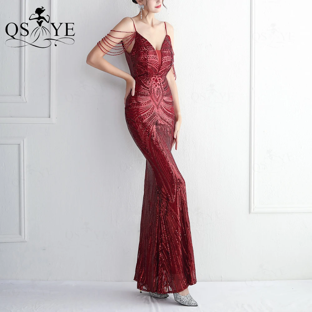 

Sequined Burgundy Prom Dresses Pattern Lace Mermaid Evening Beading Spaghetti Straps Party Open Low Back Woman Red Formal Dress