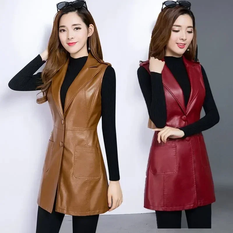 Faux Leather Vest Women\'s Clothing 2022 PU Autumn Jacket Korean Solid Sleeveless Vest Mid Long Coat Female Waistcoat Outerwear