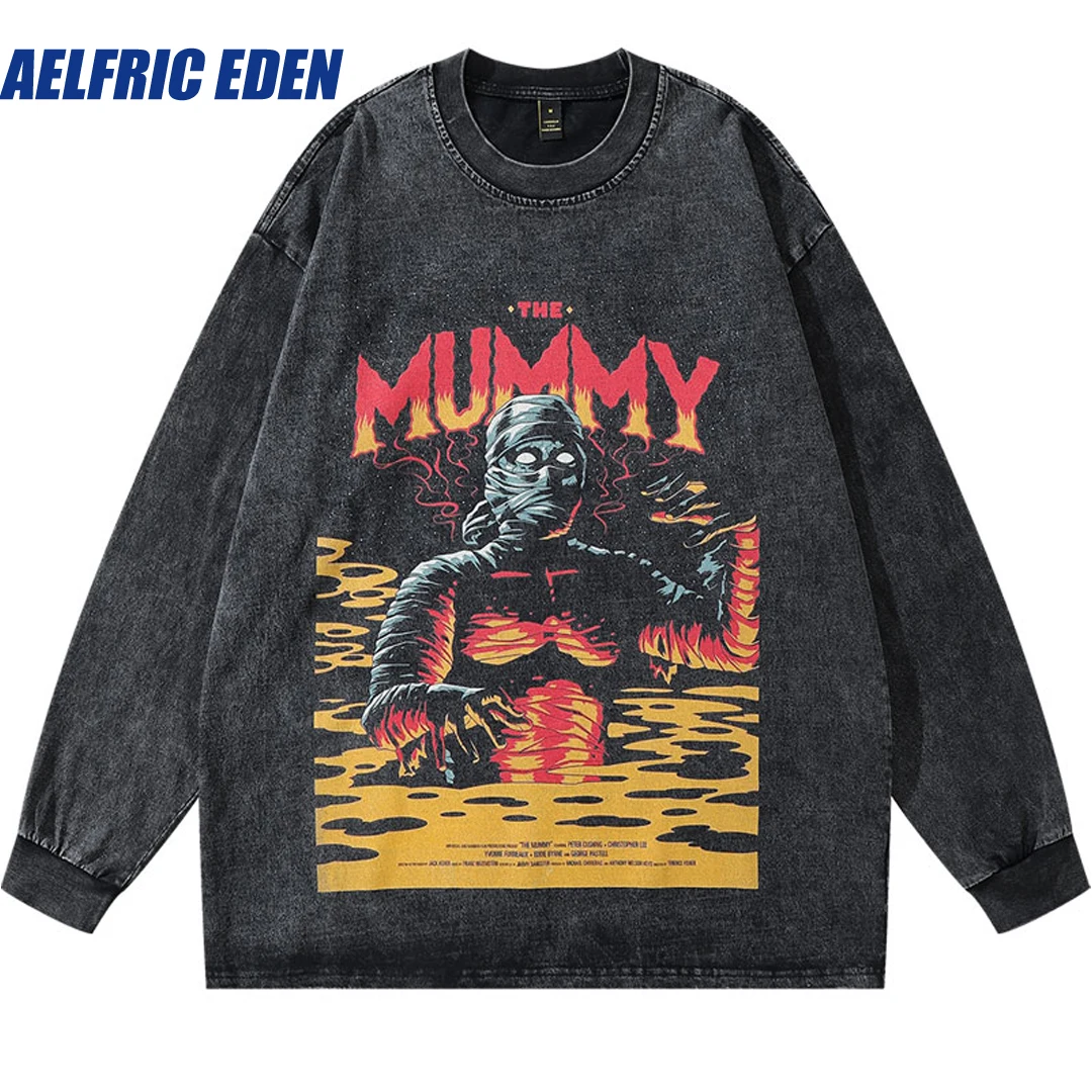 

Aelfric Eden Mummy Graphic Print Washed Tshirt Vintage Men T-Shirts Streetwear Harajuku Long Sleeve Punk Gothic Oversize Tee Top