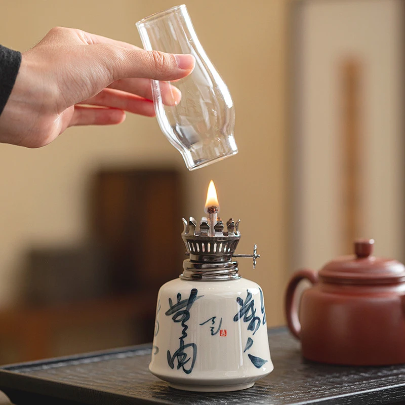 Vintage Ceramic Butter With Handwritten Poetry, Windproof Chinese-Style Night Light For Study And Tea Room, Decorative Lamp