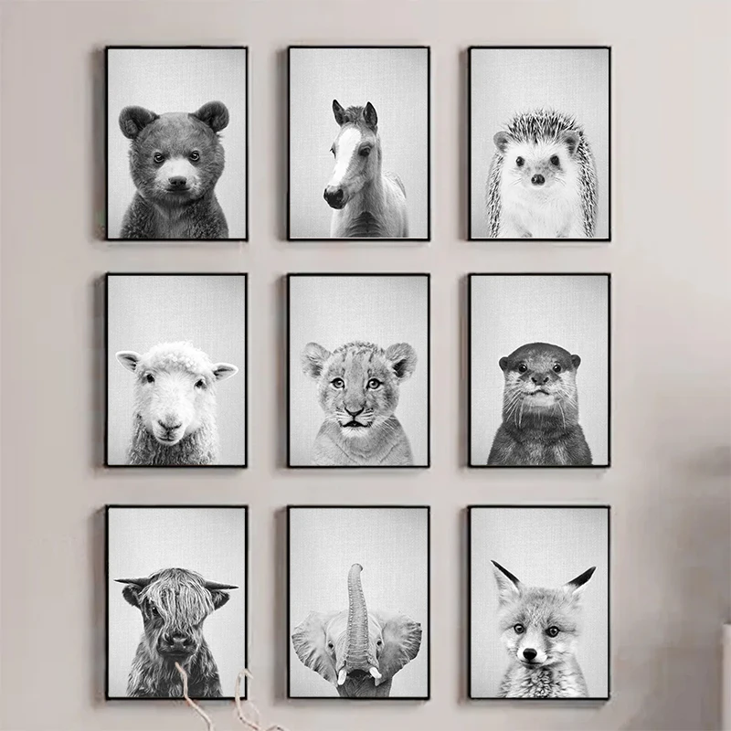 Black and White Animal Canvas Poster Panda Rabbit Fox Bear Otter Wall Art Picture for Living Room Bedroom Modern Home  Gift