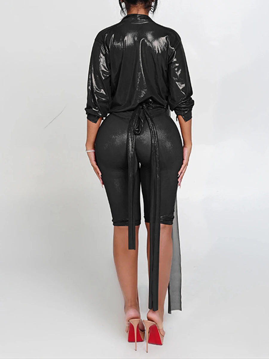 ZIML Solide Abnehmen Zwei Stück Sets für Frauen Tiefem V-ausschnitt Langarm Tops Hohe Taille Fünf Punkt Hosen Chic Minimalistischen Set Weibliche