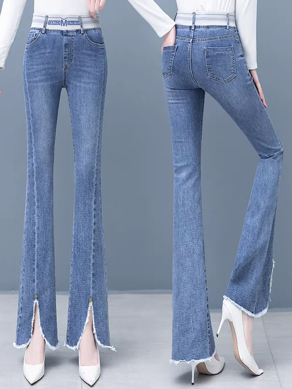 

Женские джинсы с высокой талией и эластичным поясом, микро-клеш, весна 2025, новинка, стройнящие, длинные, модные, с разрезами, расклешенные от низа