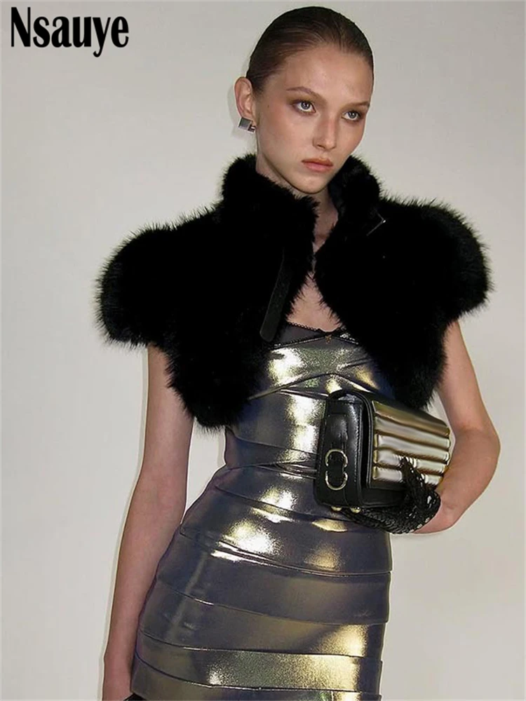Nsauye 2025 Autumn Winter New Faux Fur Short Sleeve Slim Sexy Crop Tops Women Clothing Trendy Vintage Body Tank Tops Y2K Club