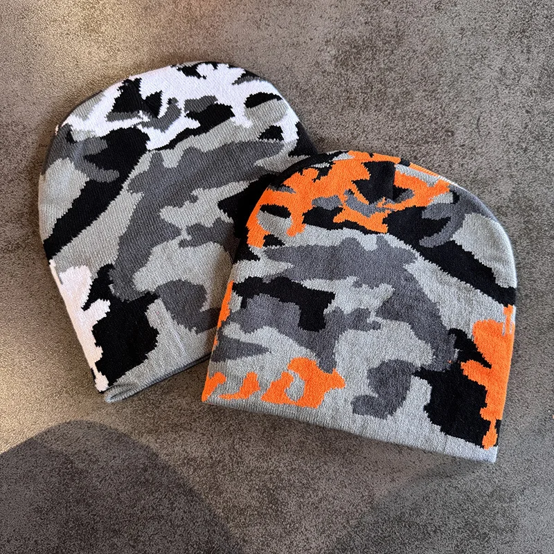 الخريف والشتاء النمط الأوروبي الجديد التمويه كتلة اللون قبعات منسوجة الدافئة تنوعا الهيب هوب بيني الشارع موضة في الهواء الطلق #3