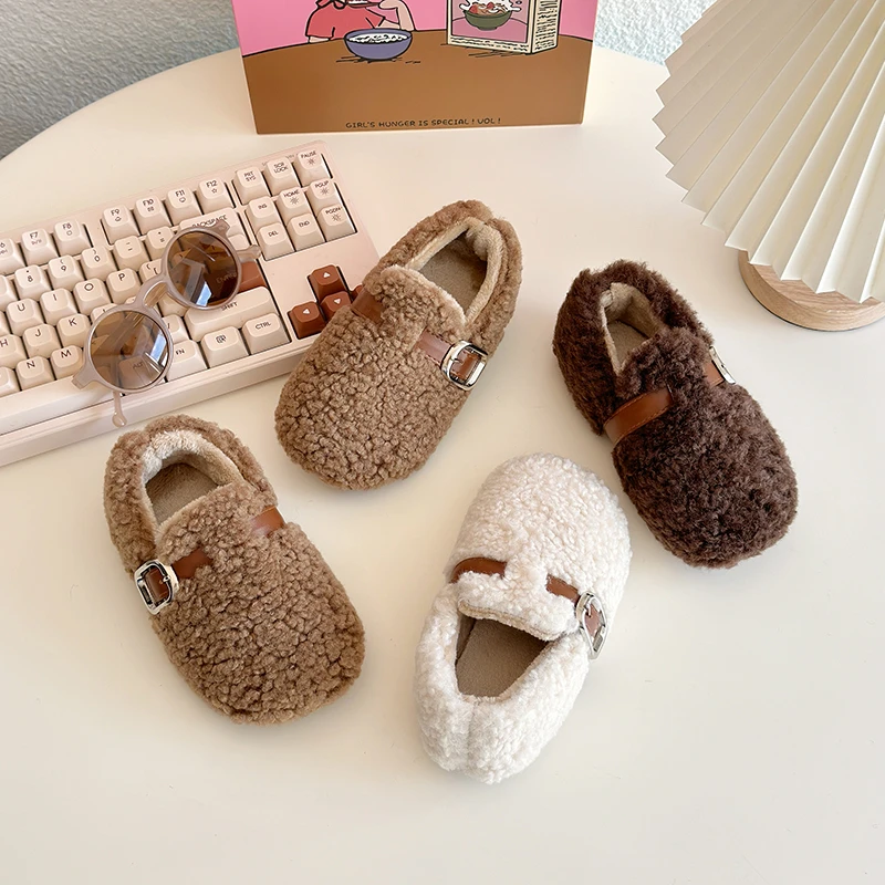 2025 New Kids' Winter Shoes Solid Color Furry Hairy Girls Fashion Causal Plush Shoes Flats Warm Non-slip Children's Fur Shoes