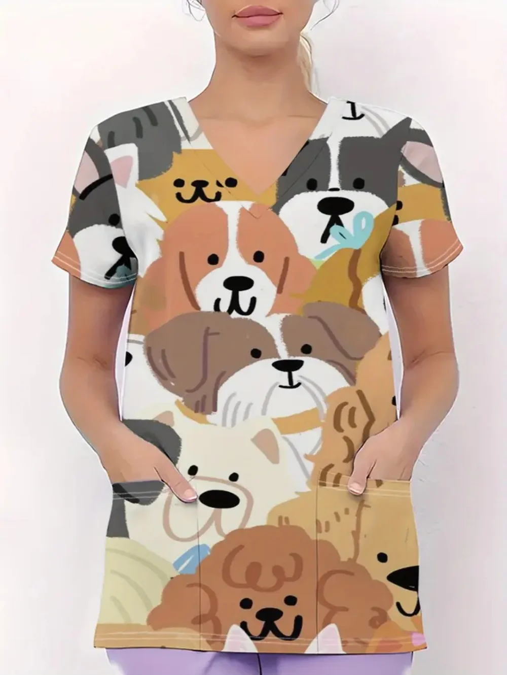 Cute Dog Pattern Surgical Uniforms Woman Dentistry Short Sleeve Tops Fashion V-Neck Nursing Comfortable Clinical Uniform Woman