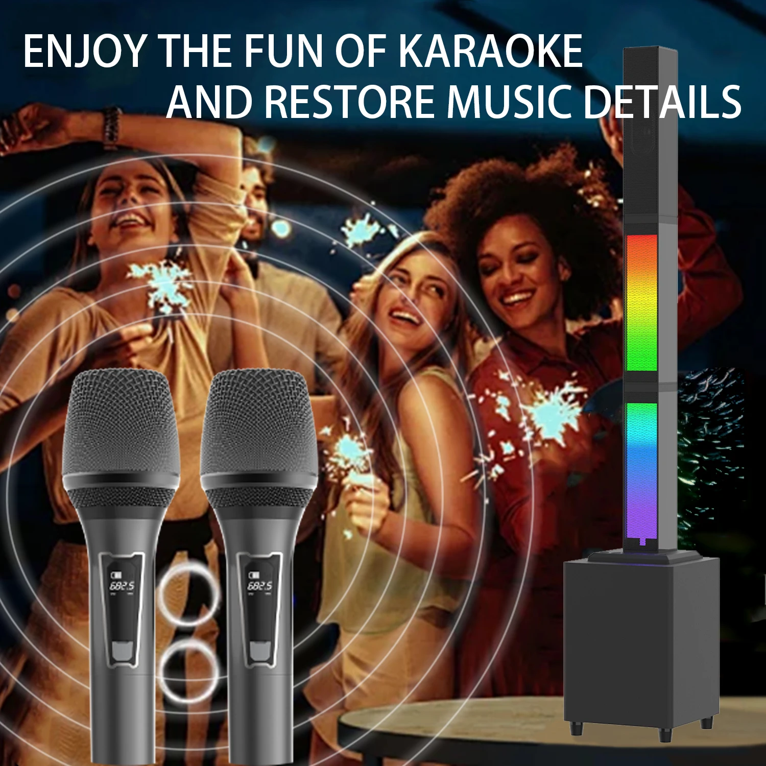 15W RGB Sound Bar for TV, 30W Subwoofer Soundbar Speaker Karaoke Machine with Two Microphone for Home Theater Party