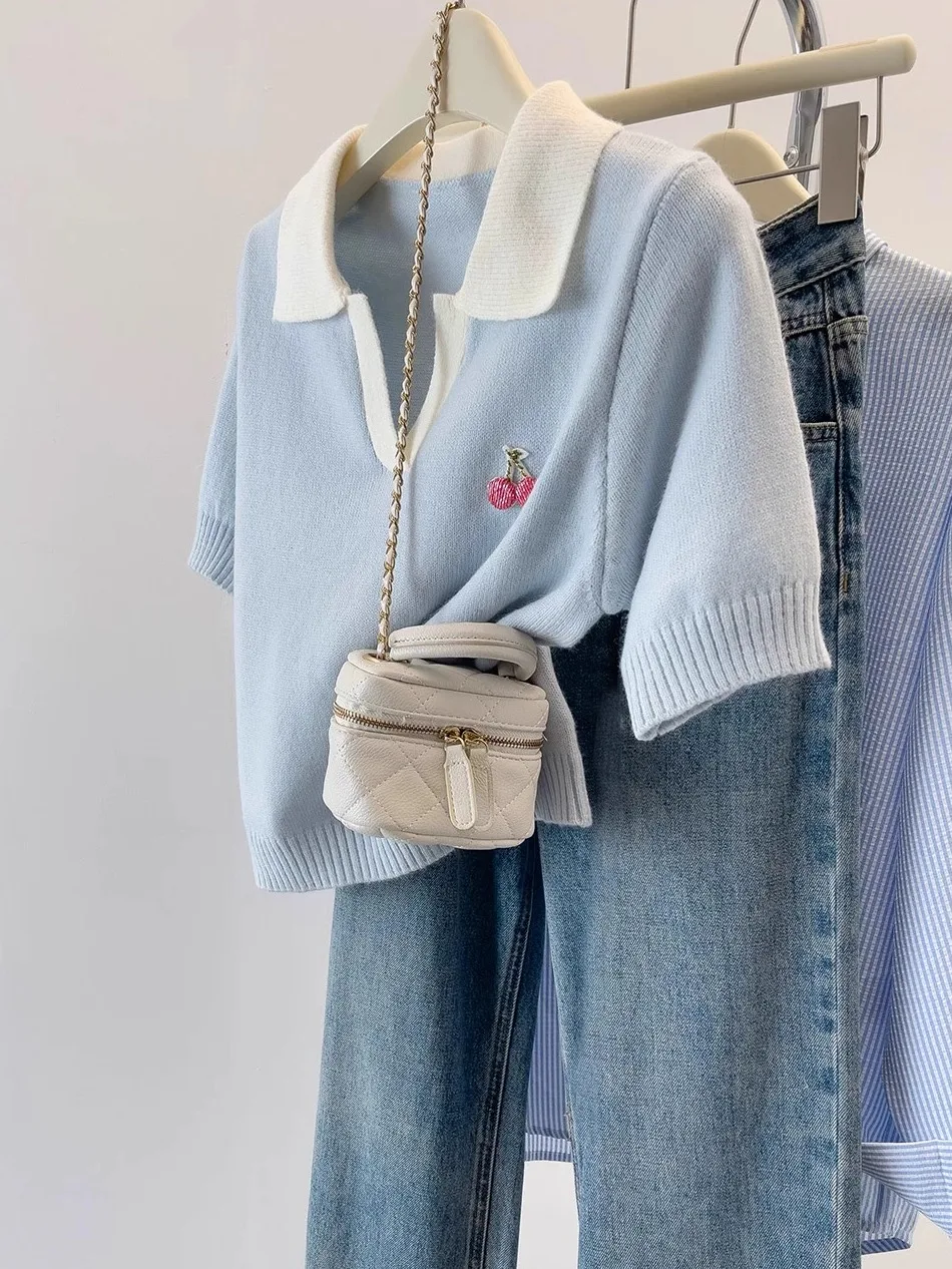 

Plus Size Loose Knitted ort Sve Ne T-irt Women Summer Slimming Color Blo Casual Wear Thin Fabric Large Size Top