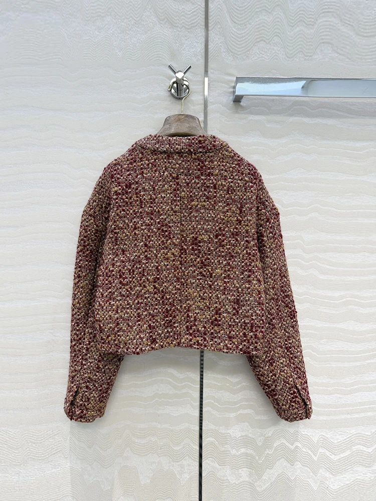 Spring Autumn Fashion Vintage Wool Blend Tweed Short Style Jackets Women's O-Neck Single Breasted Long Sleeve Pockets Coat