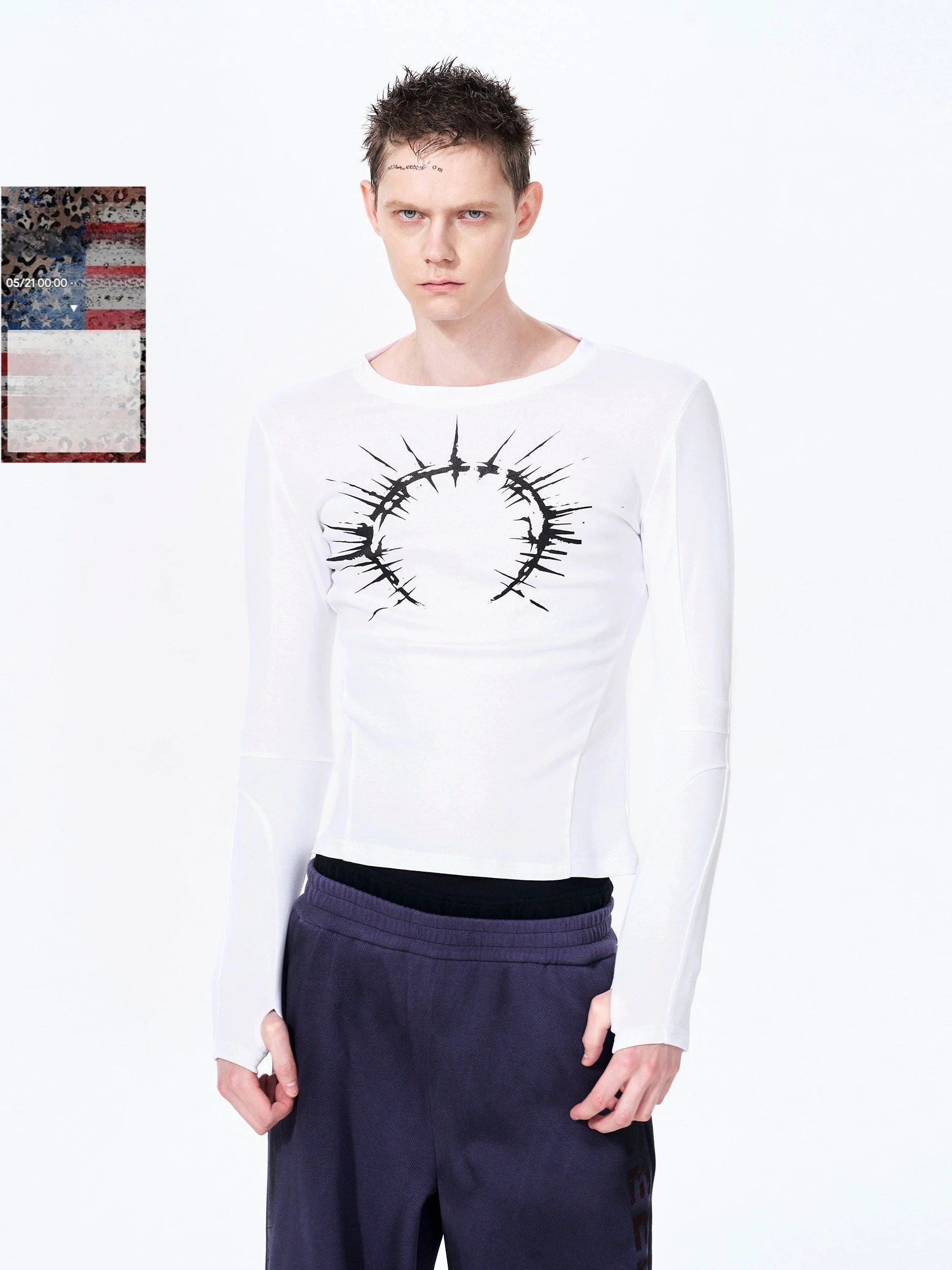 

Silver Print Long Sleeve T-Shirt Men's Slim Fit Street Style Spring Fashionable Cotton round Neck Top for Youth And Teens