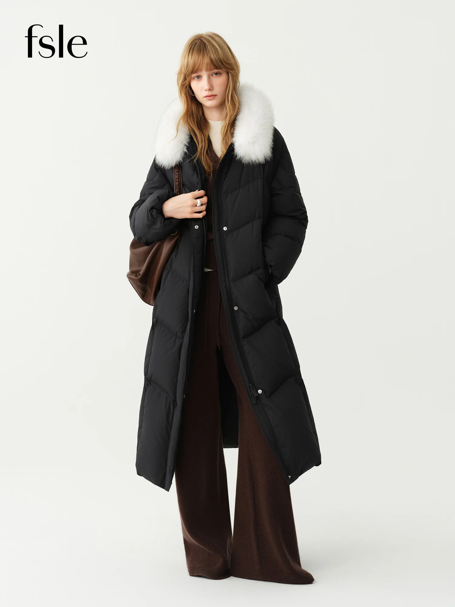 FSLE 2026 New Arrival Winter Women Belted Fox Fur Collar Long Down Coat Elegant Gentle Warm Thick Puffer Long Jacket Outerwear