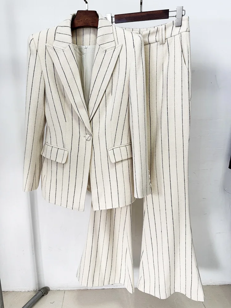 QMQA Fashion Women's Hit Color Spliced Striped Two Piece Sets Lapel Long Sleeves Tunic Blazer High Waist Pant Set Female QM990