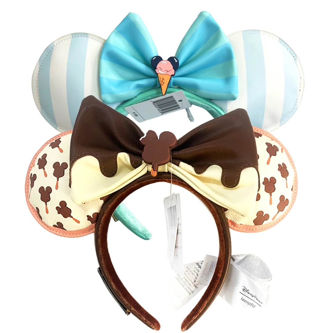 Headband Es Krim Mickey Bermerek Disney Co untuk Dewasa/Anak-anak Disneyland, Kulit PU Cokelat dengan Pita di Telinga, Hadiah Natal untuk Wanita
