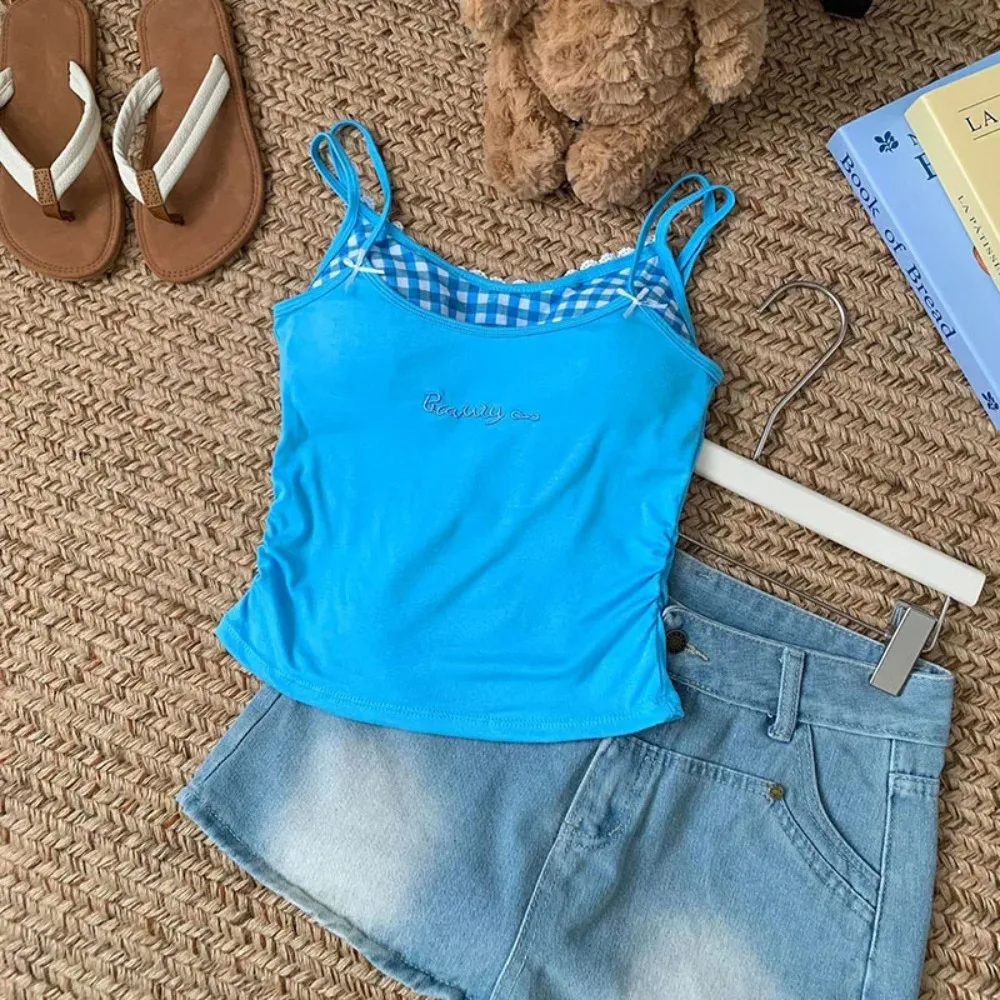 Spicy Plaid Pad Camisole Tank Top Lace Trim Cotton Slim Fit Outerwear Belted Backless Inner Wear Vest Summer