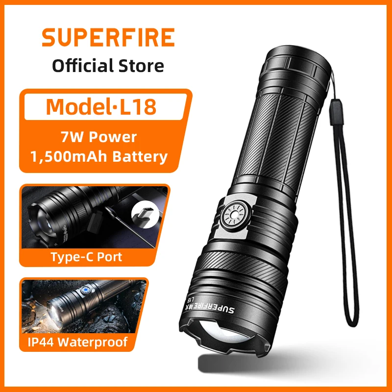SUPERFIRE L18 7W LED Zoomable Flashlight 310M Lighting Distance USB-C Rechargeable 1500mAh Torch for Camping Fishing Lantern