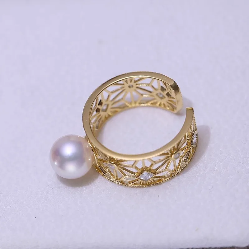 MeiBaPJ 8-9mm Natural Nearround Pearl Fashion Golden Ring DIY 925 Silver Holder Setting Fine Wedding Jewelry for Women