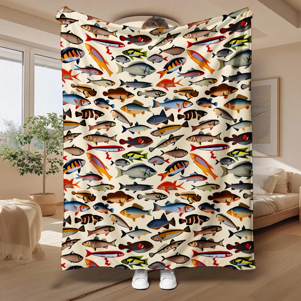 Colorful Fish Pattern, for Fishing Lovers, Blanket, Vibrant Aquatic Design, Multi-Purpose Home Decor, Soft Cozy Gift