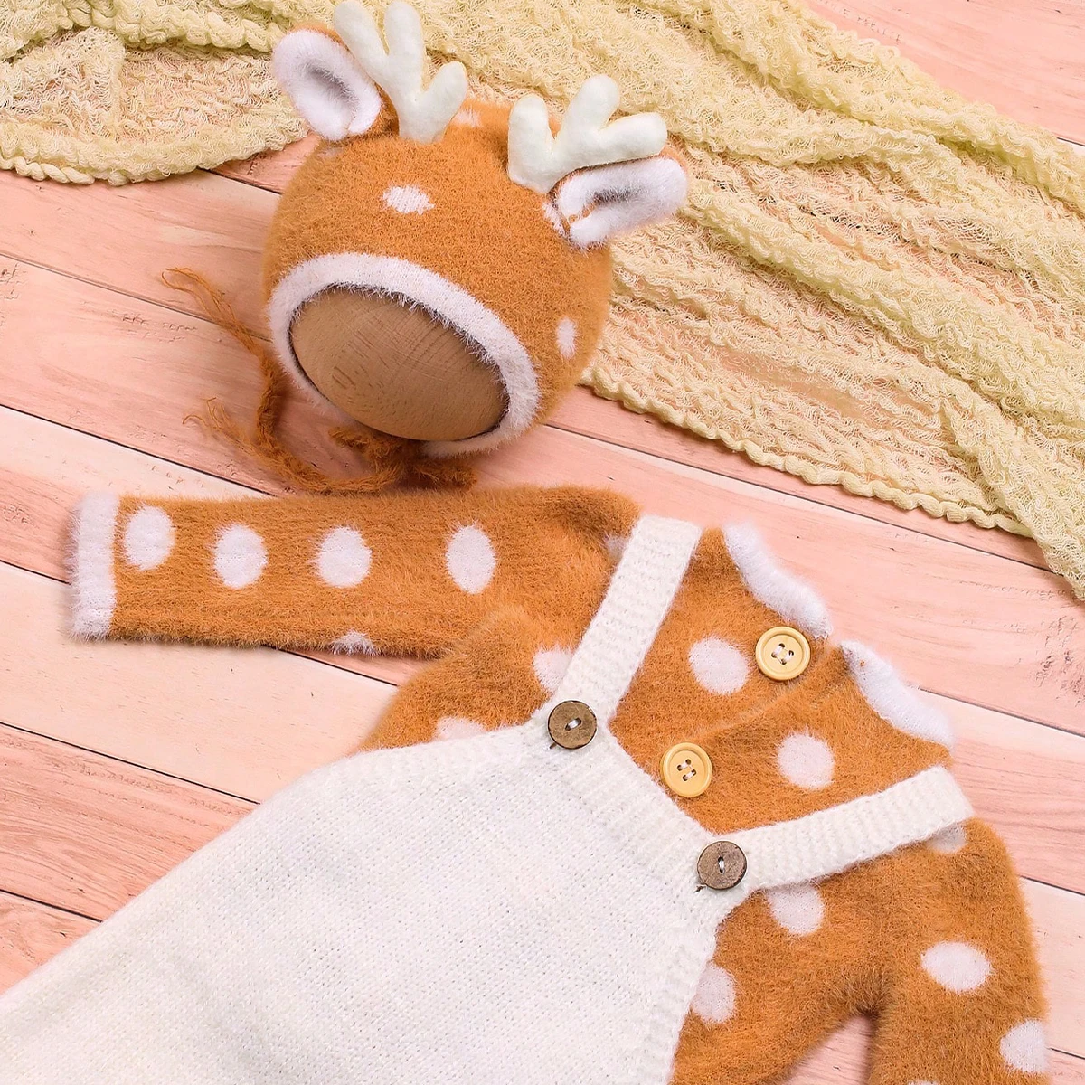 Ylsteed Newborn Baby Christmas Outfit for Photo Shooting Knitted Infant Suspender Pants Tops Antler Hat Baby Photography Props