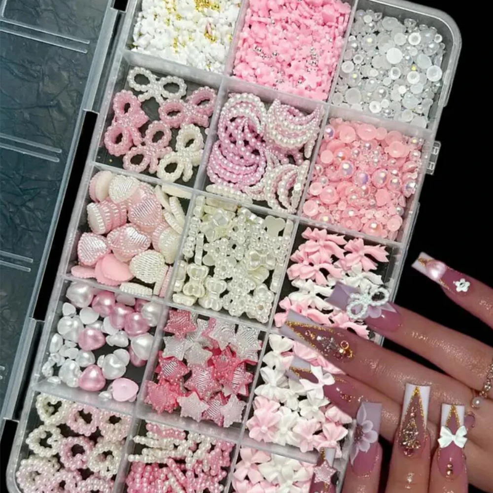 15 grille/boîte 3D acrylique blanc et rose mélange Styles coeur étoile arc ongles breloques mixte Flatback perles strass pour bricolage Nail Art Decorat