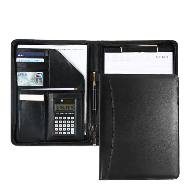 Black A4 Leather Meeting Portfolio Folder Zippered Document Organizer for Phone Cards Notes Pens for Business Productivity