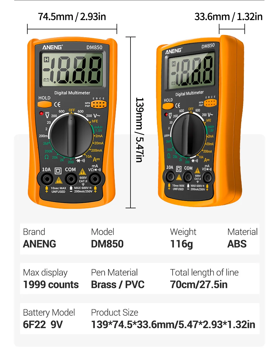 ANENG DM850 Digitalmultimeter, automatisch, professionell, 1999, zählt, Auto-AC/DC-Spannungsprüfer, Ohm-Strom-Amperemeter-Detektor-Werkzeug – Detail 8