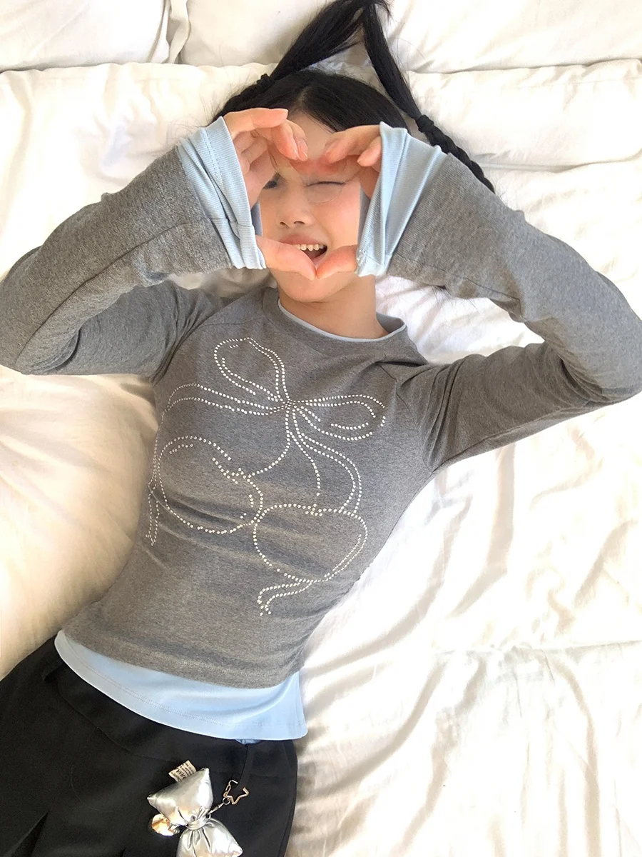 Cseta de Manga Larga con Diseño Adeazante para Mujer, Primavera-Otoño 2025, Nuevo Estilo, Cseta de Dos Piezas Falsa p...