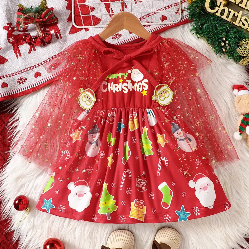 

RUEWEY 6 Months to 3 Years Christmas Little Girl Dress Cartoon Print Sleeveless Round Neck A-Line Dress with Tulle Cape Set