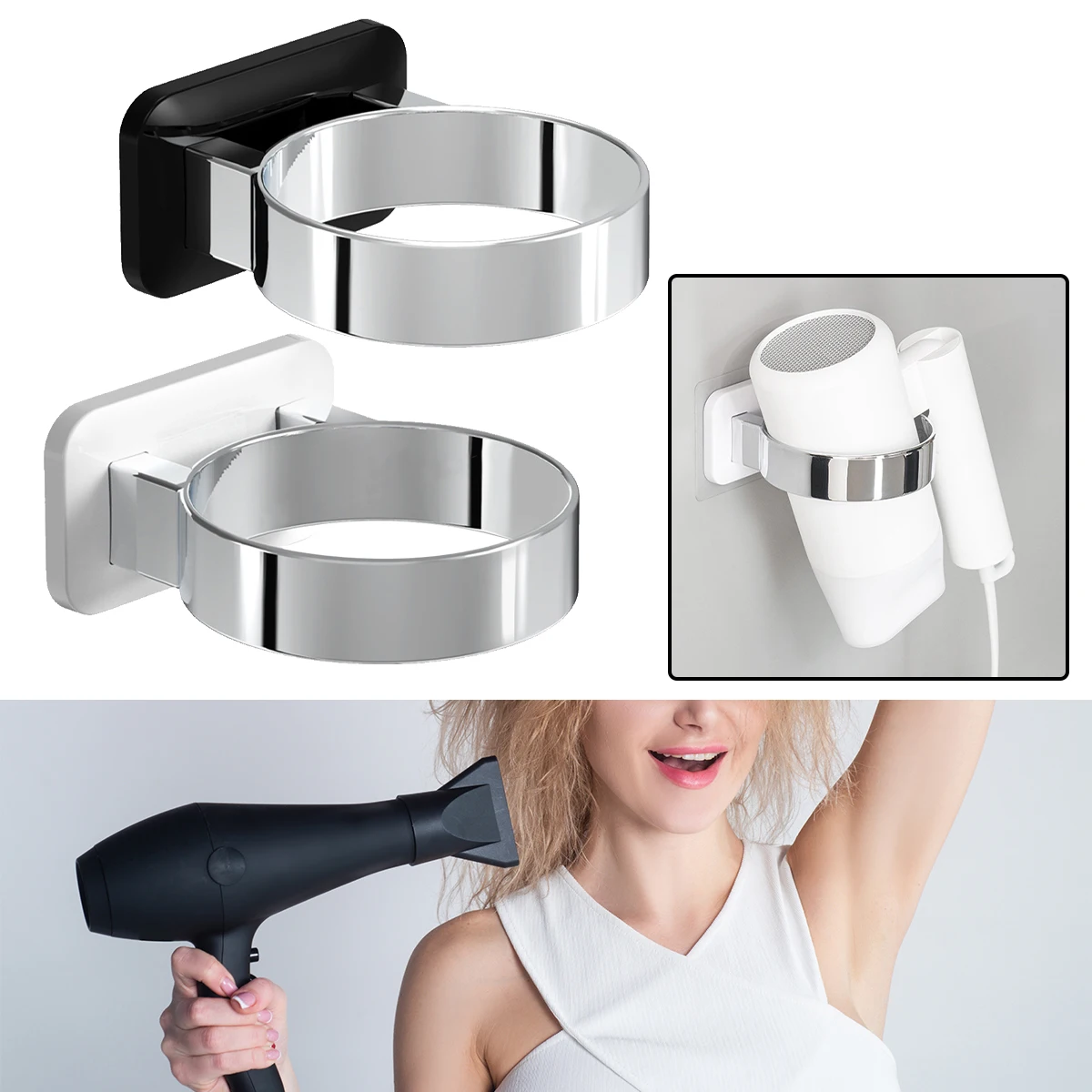 Black/White Hair Dryer Round Hole Storage Rack Hairdressing Tool Holder for Bathroom Hotel and Homestay Nail-free