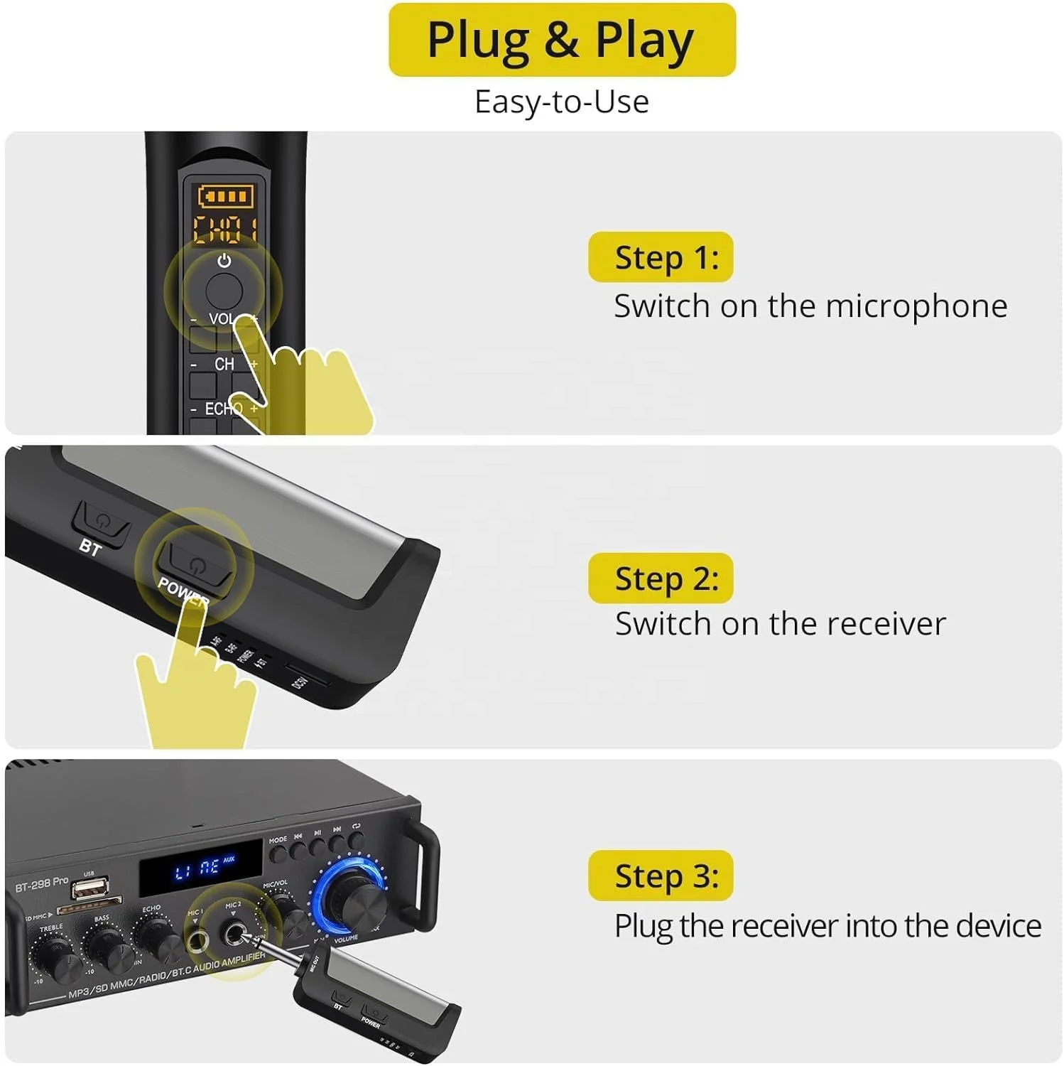 Sistem Mikrofon Karaoke Dinamis Genggam Ganda UHF Isi Ulang Nirkabel dengan Kontrol Treble Bass