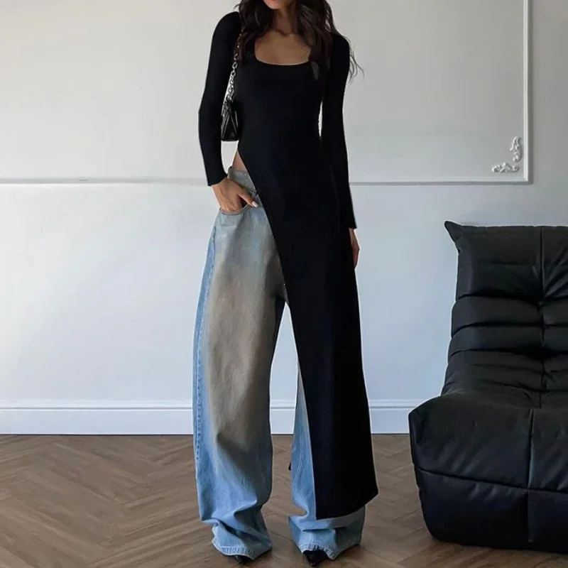 

Solid Unique Women Tops Classic Concise Autumn Full Sleeve U-neck Skinny Splited Super-Long Tees Popular New Wild T-shirts