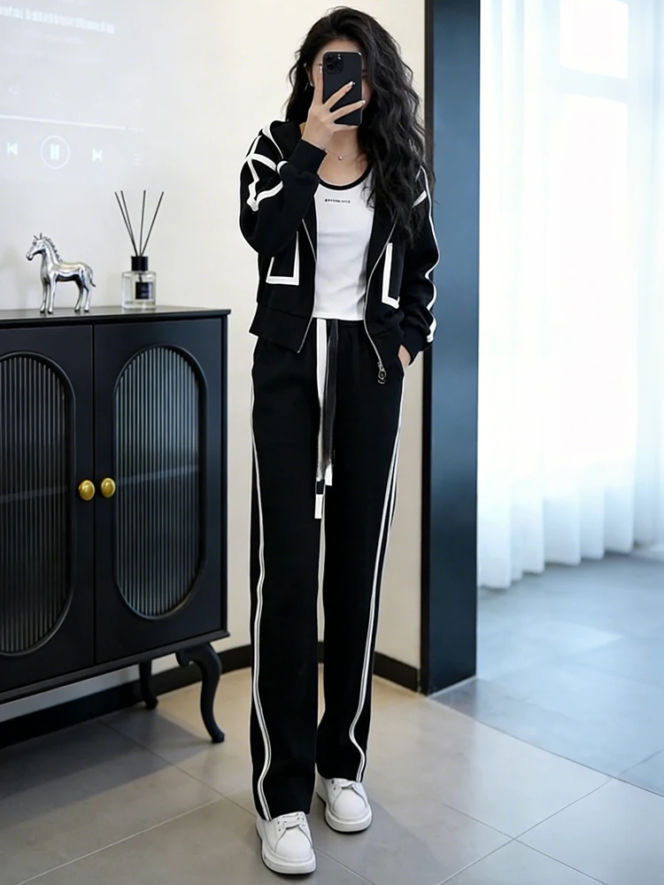 

Chic Commuter Hooded Women's Set Casual Sportswear Long Sve Zipper Closure Midweight Cotton Blend Spring Collection