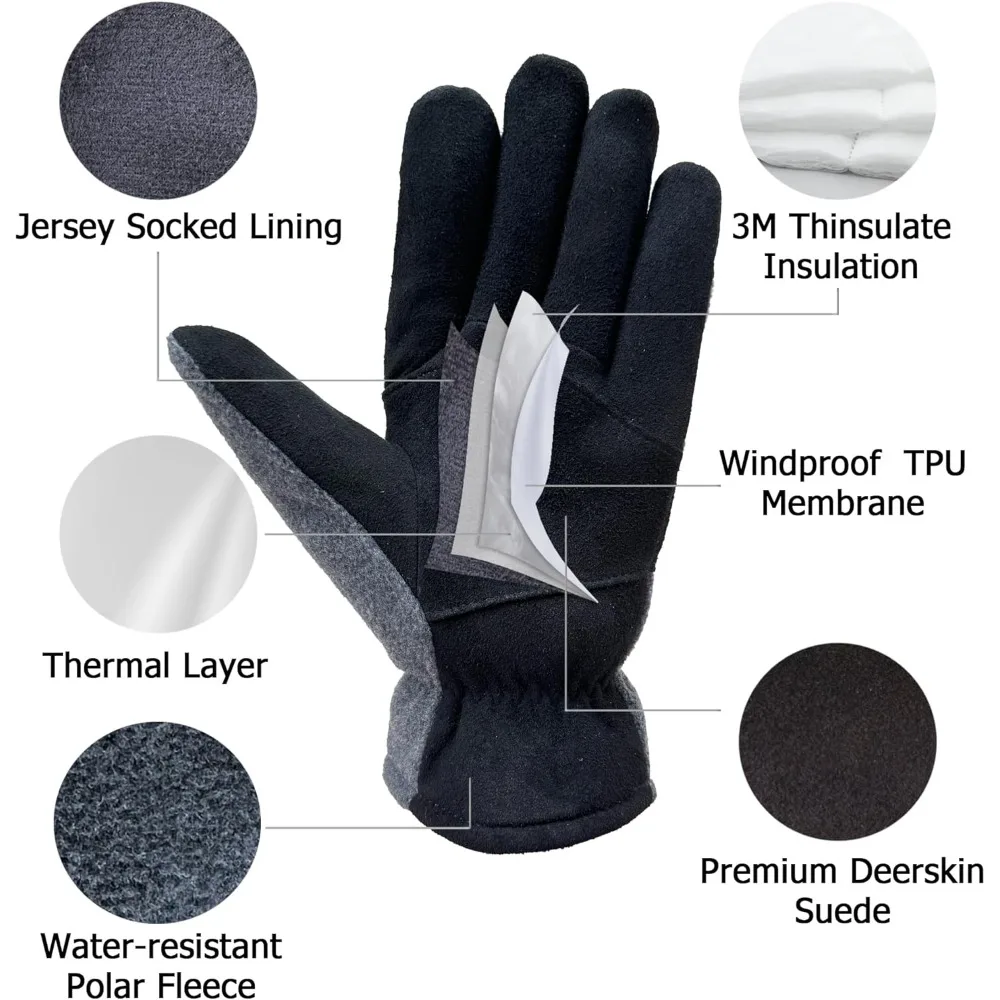قفازات شتوية دافئة فائقة النعومة مع جلد سويدي منقسم وعزل Thinsulate 3M للطقس البارد للرجال والنساء