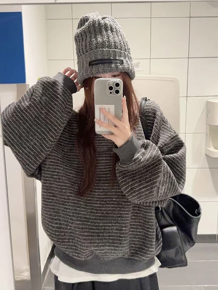 

Deeptown Korean Style Striped Sweatshirts Women Preppy Style Y2k Casual Pullover Vintage Oversize Autumn Winter Long Sleeve Tops