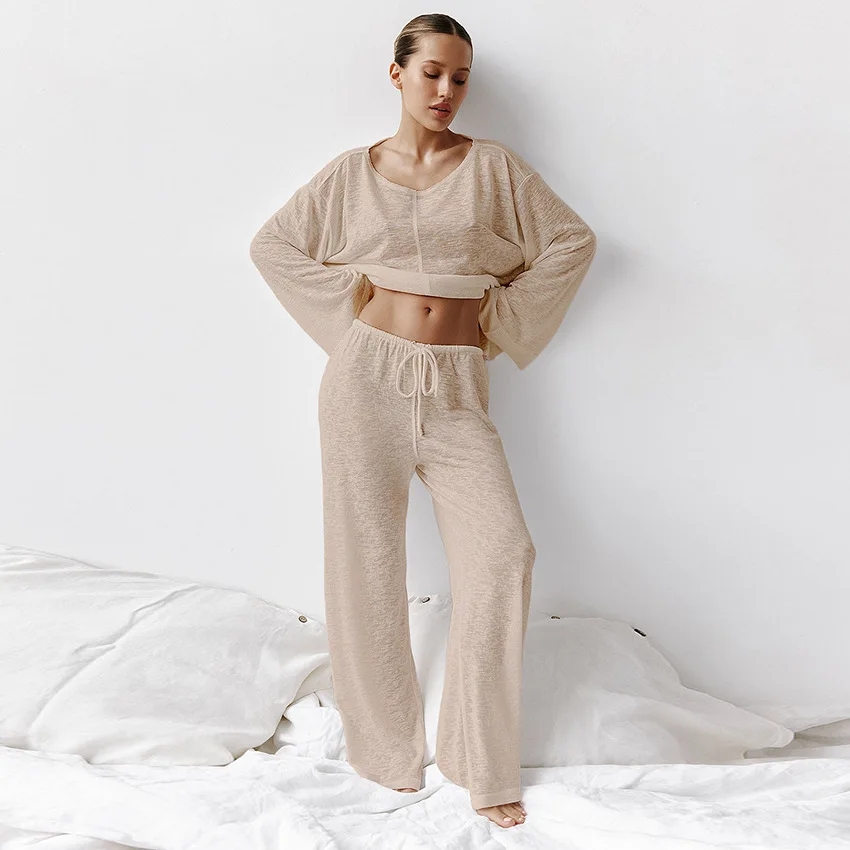 

2025 Spring Summer Women's 2 Pieces Suit Thin Soft Pajamas Set Full Sleeve Casual Loose O Neck Homewear Female Matching Sets Pjs