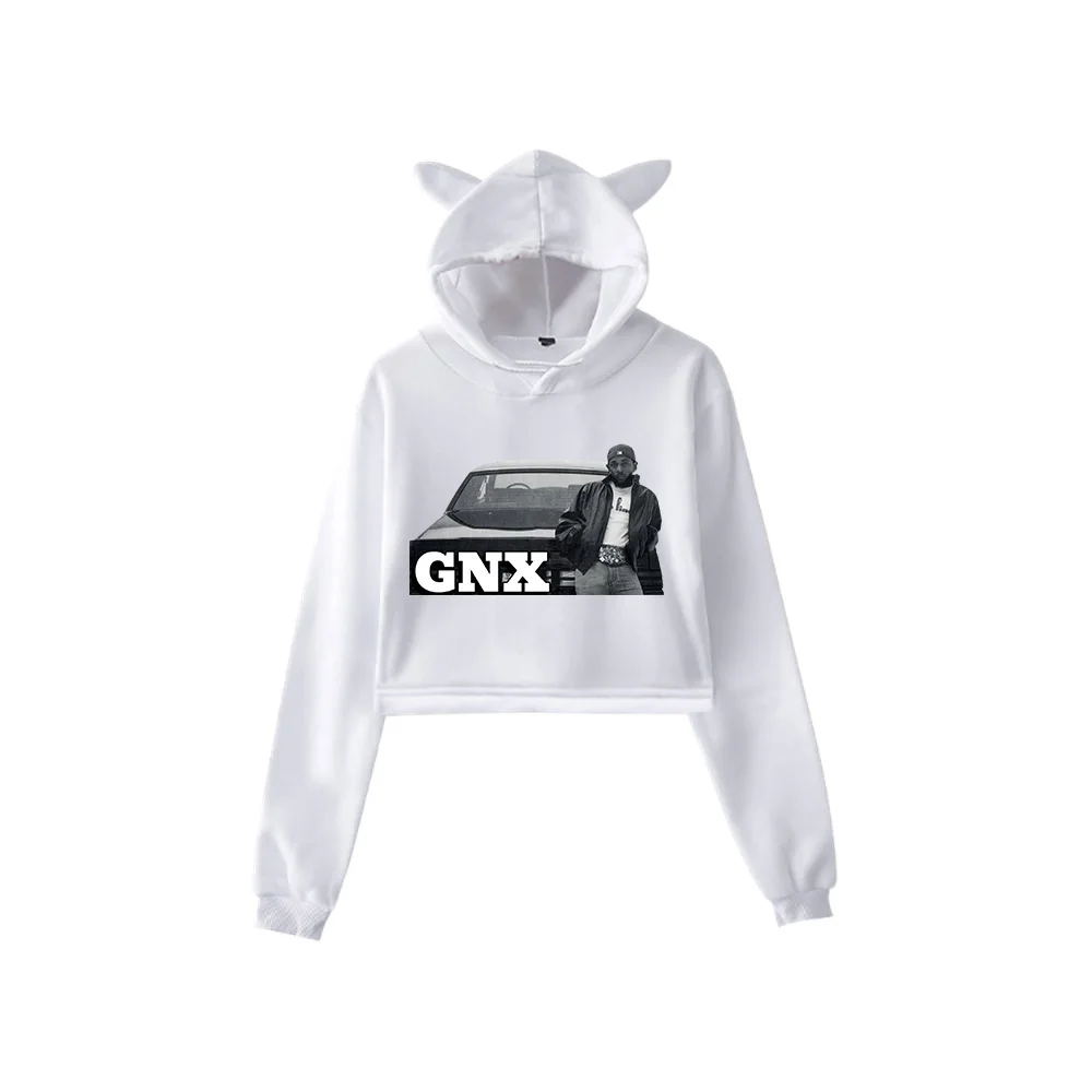 Kendrick Lamar GNX Short Hoodie Womens Girls Funny Cat Ear Sweatshirts Casual Fashion Short Hooded Pullover Hip Hop Crop Top