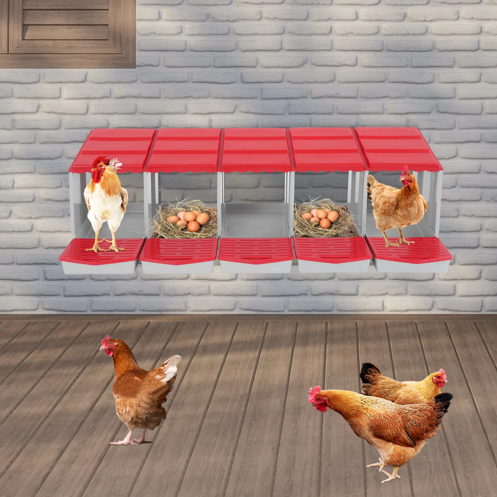 

Red+Grey 5-Compartment Chicken Nesting Box, High-Class PP With Injection Molding, Waterproof Impact-Resistant Durable