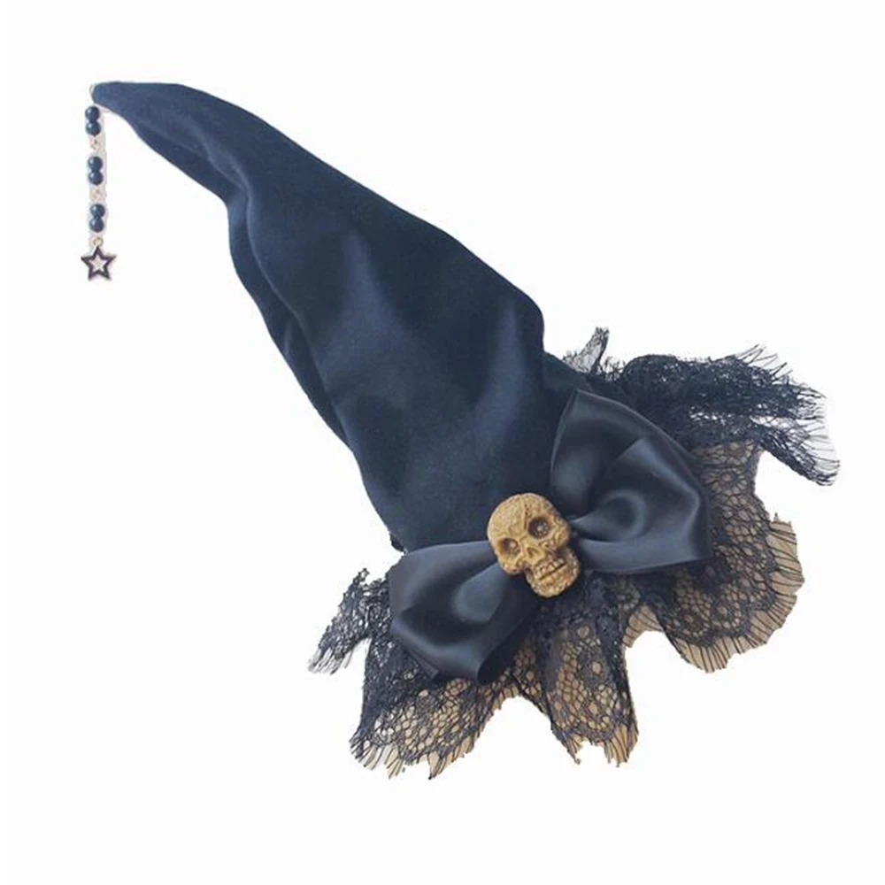 Lace Witch Pointed Hats Bandage Bow Wizard Hat Hair Clip Gothic Lolita Cosplay Costume Accessories Halloween Party Hat