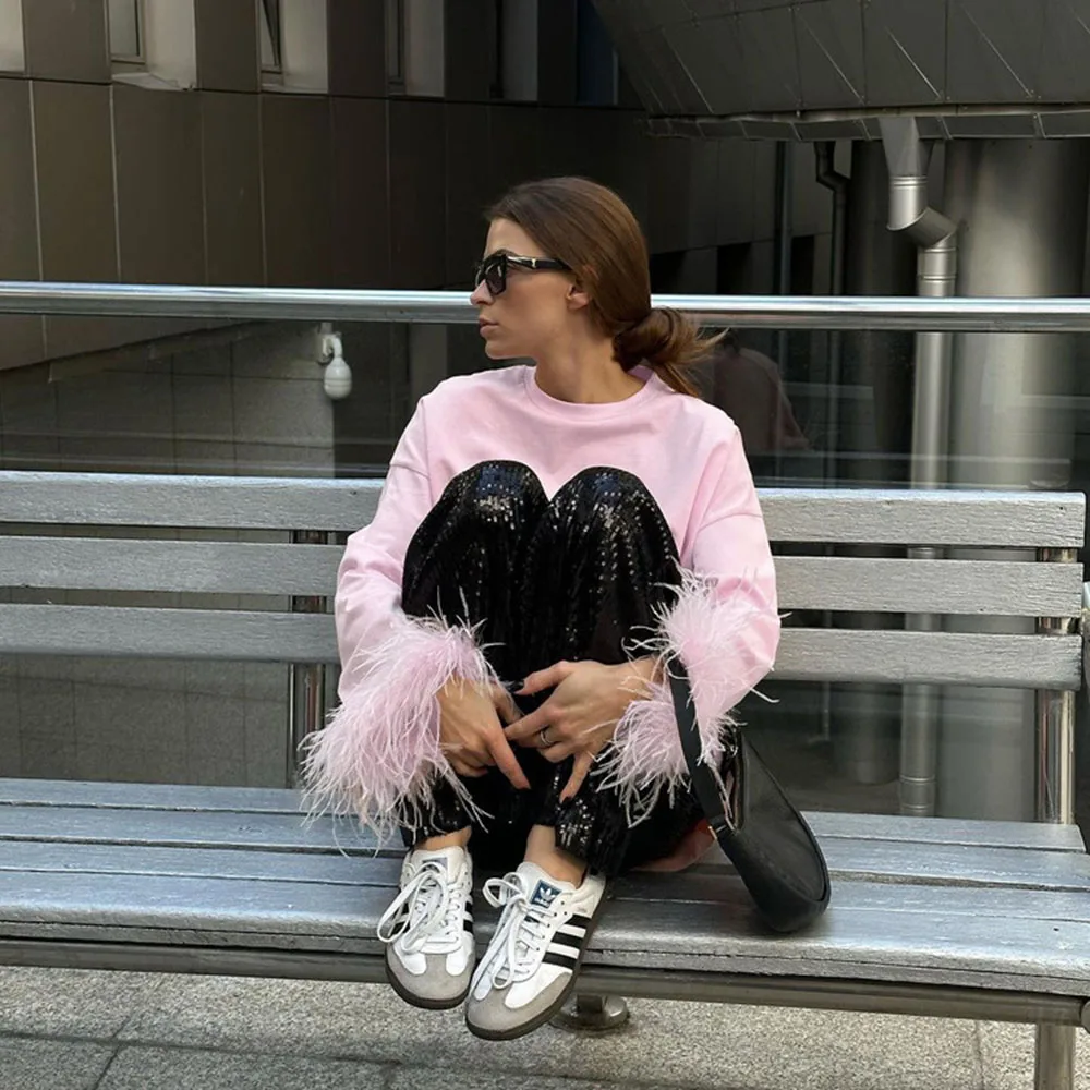AW Casual Loose Pink Cotton Women's Top Fashion O-Neck Feather Long Sleeve T Shirt Elegant Classic Tee Top Female Clothing
