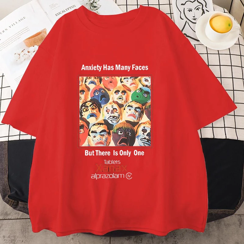 Neues Vintage Xanax Anxiety Faces Print T-Shirt für Damen und Herren, Sommer-T-Shirt, Harajuku, lässig, Rundhalsausschnitt, kurze Ärmel, neutrales Oberteil – Detail 4