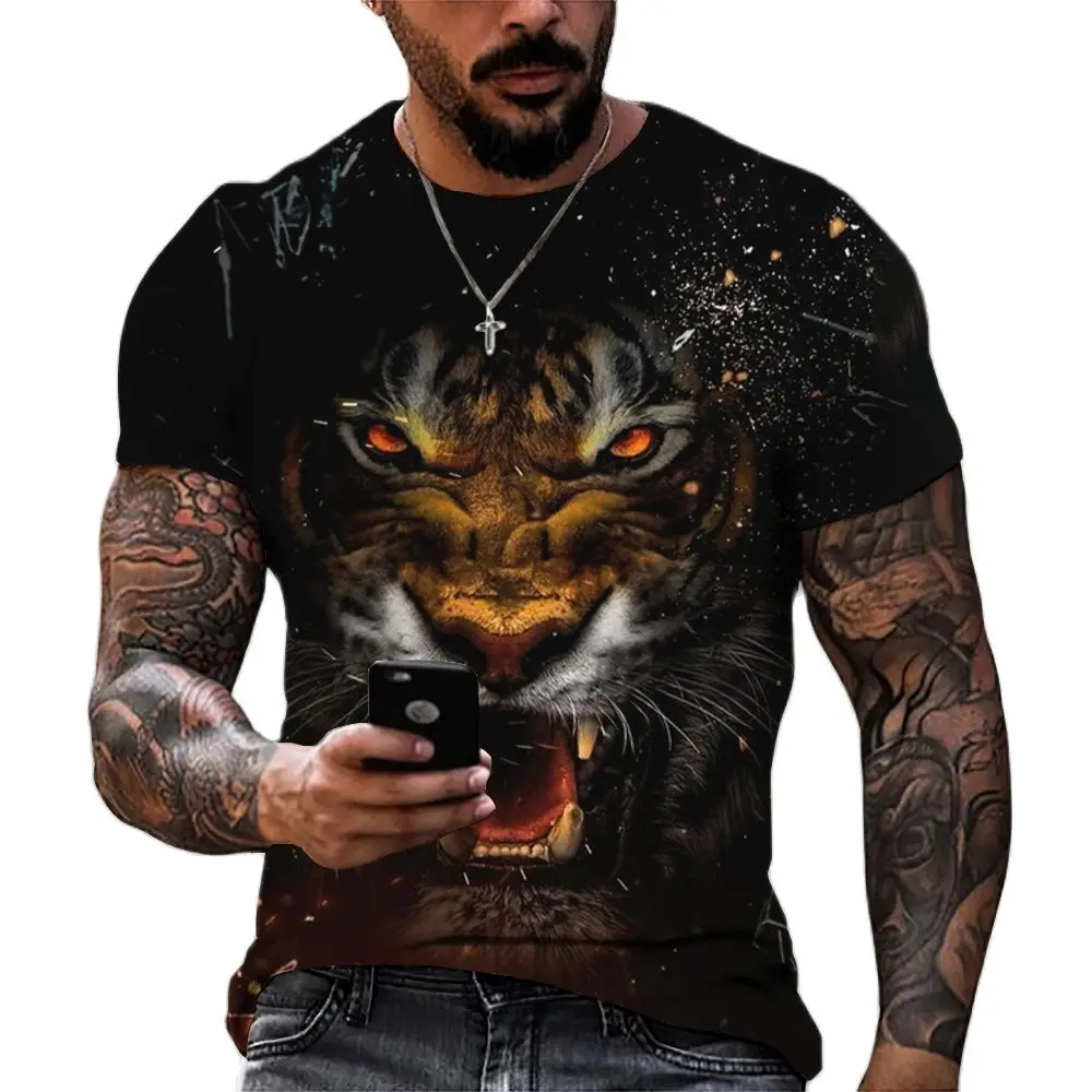 Tiger Fighting Animal Beast Fierce Lion/leopard Print 3D T-shirt Men\'s Short Sleeve Tops Oversized Tees Shirt Men Design Clothes