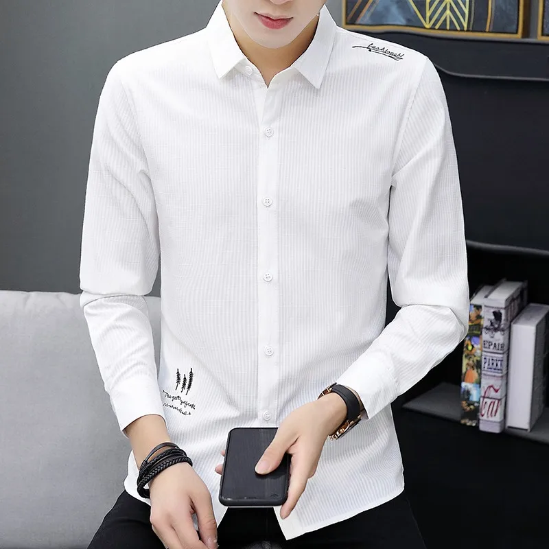 

Long Sve Casual irt Trendy Brand Youth Men's Faion Ci Wear Pure Color Button Design Polyester Cotton Blend irt