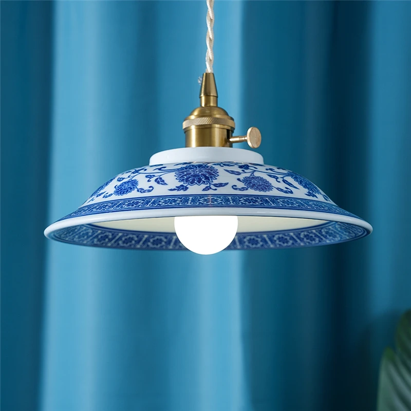 Chinese-style Retro Pendant Lights LED Blue-and-white Porcelain Hanging Lamps Luminaire for Balcony Bedside Kitchen Dining Room