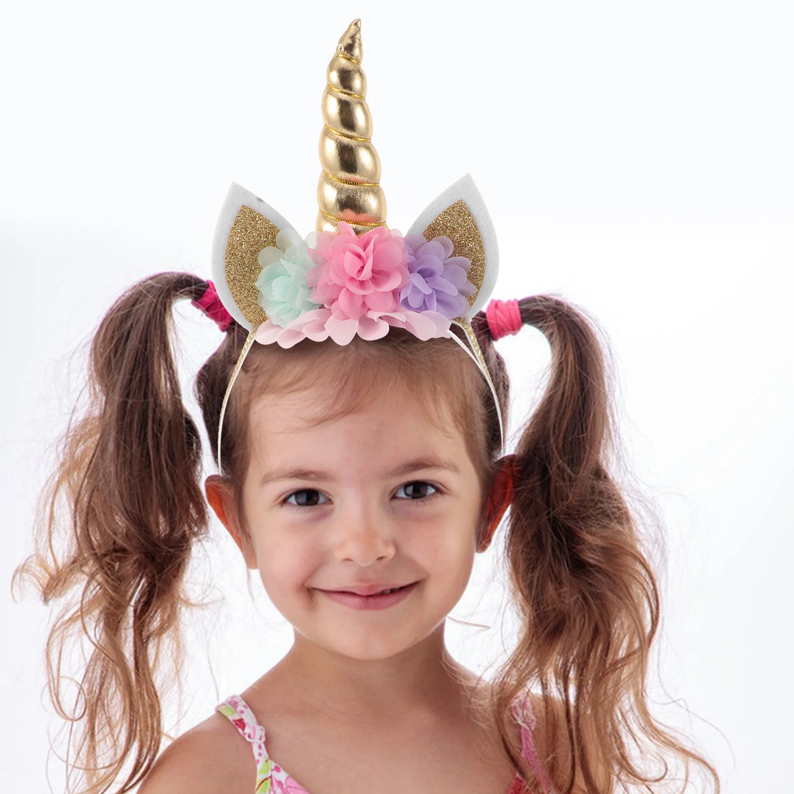 

2Pcs Children's Headband Elastic Flower Cat Ear Birthday Party Hairbands Glitter Spiral Horn Cosplay Accessories