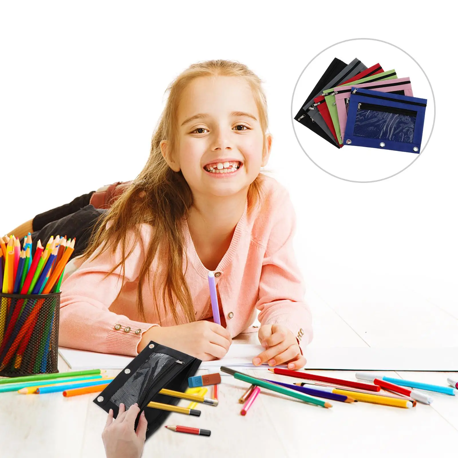 6 ชิ้น Oxford ผ้าเครื่องเขียนกระเป๋าตาข่ายหน้าต่างดินสอกระเป๋าซิปปิดโน้ตบุ๊คโรงเรียน Binder อุปกรณ์เสริมไฟล์