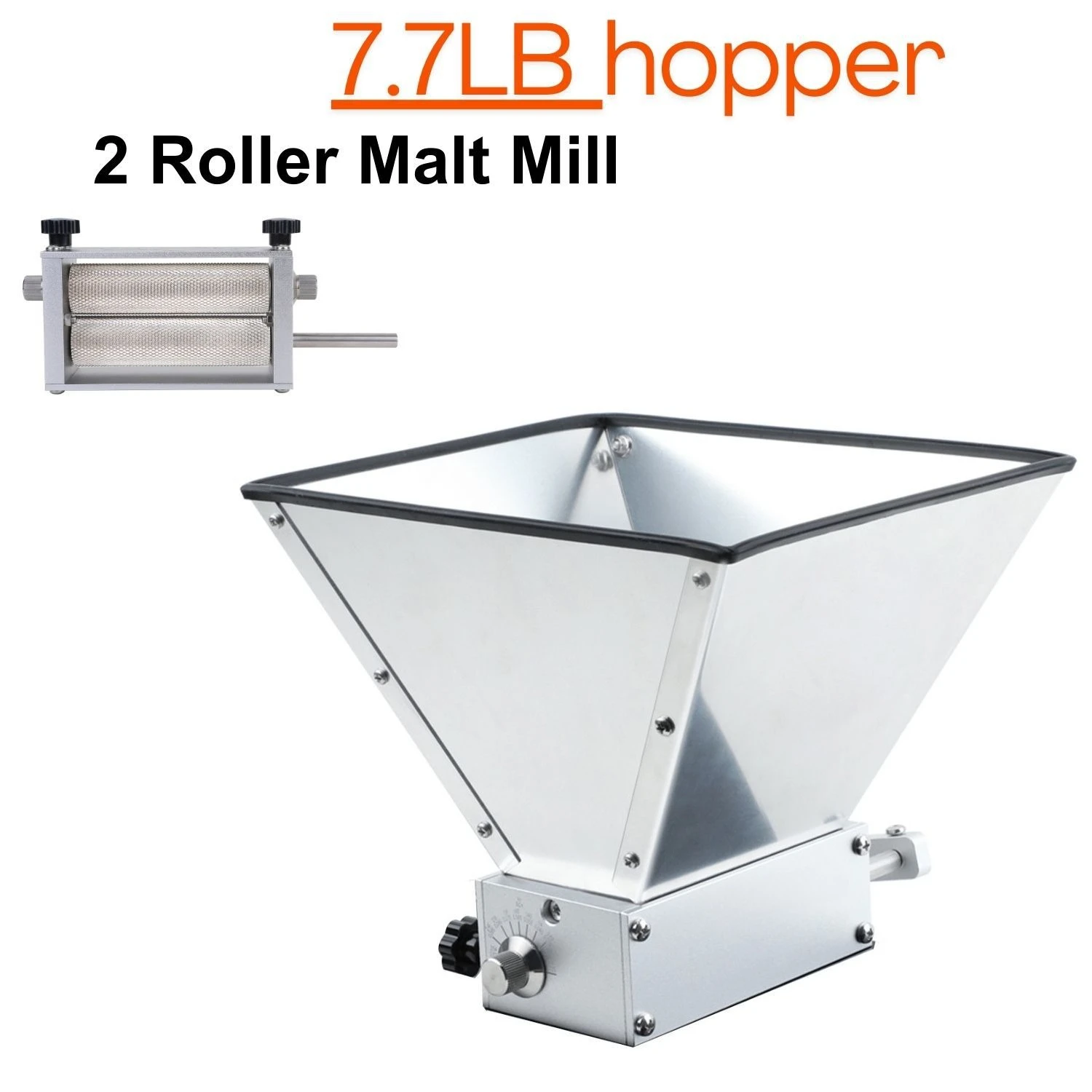 2 Roller Malt Mill Food Grade Stainless Steel Adjustable Gap Hopper for Homebrew Beer Brewing Barley Crusher Heavy Duty Durable
