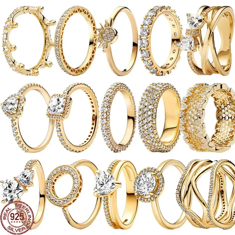 Anillo de Plata de Ley 925 de la Serie Oro, con Corona en Forma de Corazón Brillante, Joyería de Moda, Regalo Ideal