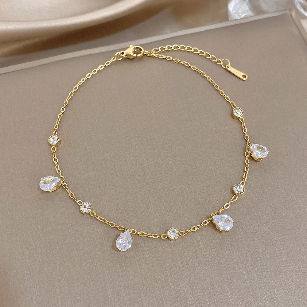 Exquisite Waterdrop Zircon Link Chain Bracelet for Women Fashion Gold Plated Stainless Steel Wrist Bracelets Jewelry Gifts