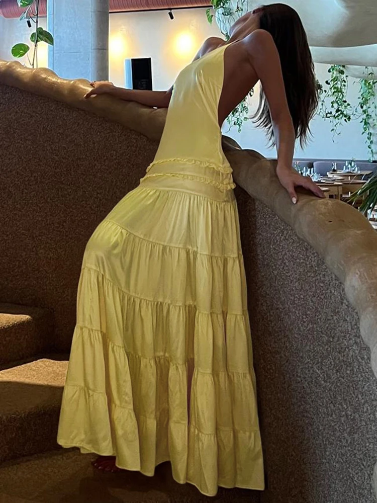 

InGrily Temperament Sexy Backless Maxi Dress Women Skew Collar Single Shoulder Strap Backless Ruched Ruffles Loose Hem Vestidos